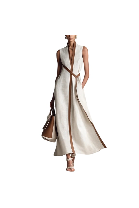 Womens Vintage Stand Collar Sleeveless Color Blocked Loose Casual Dress Summer Lightweight Relaxed Fit Flowy Midi Tunic Daily Boho Style 2026 White S