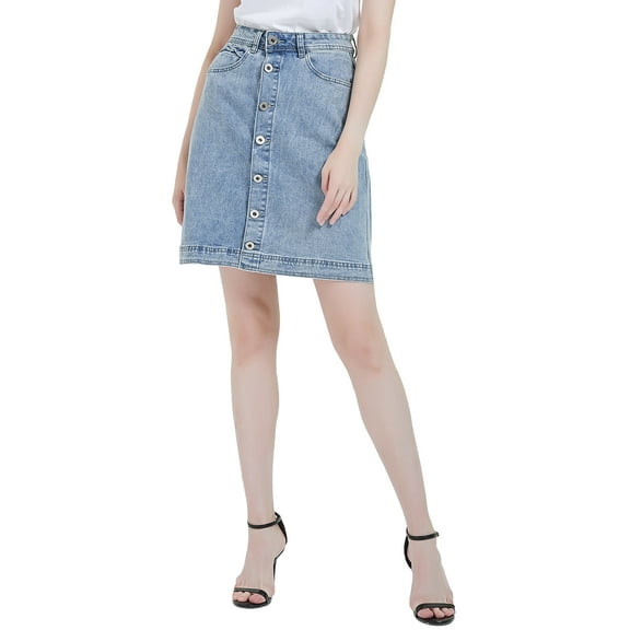 Womens Vintage Stretch Denim Jean Button Flare Skirt with Side Pocket