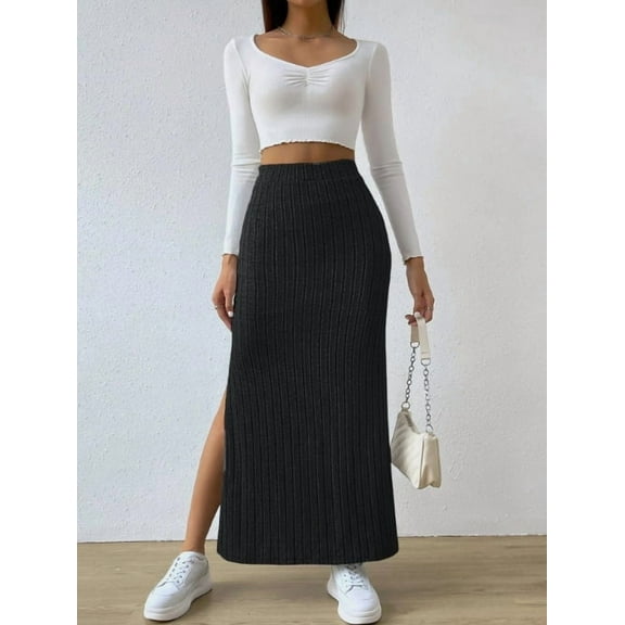 Womens Vintage Style Ribbed Knit Skirt High Waist Elastic Band with Side Slit