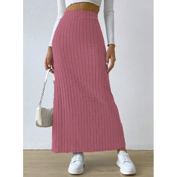 Womens Vintage Style Ribbed Knit Skirt High Waist Elastic Band with Side Slit