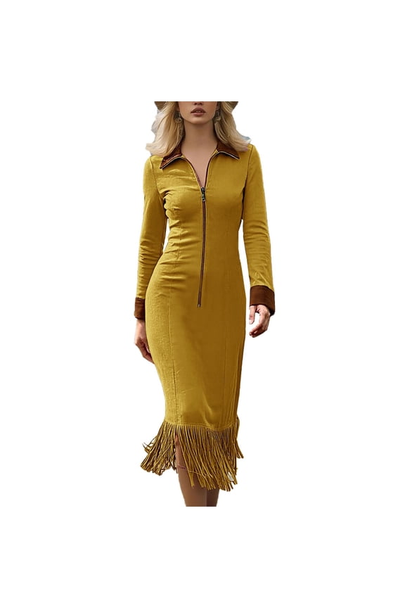Womens Vintage Suede Dress V-Neck Zipper Fring Solid Color Western Cowboy Retro Long Sleeve Maxi Dresses
