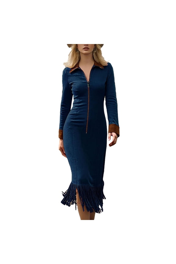 Womens Vintage Suede Dress V-Neck Zipper Fring Solid Color Western Cowboy Retro Long Sleeve Maxi Dresses