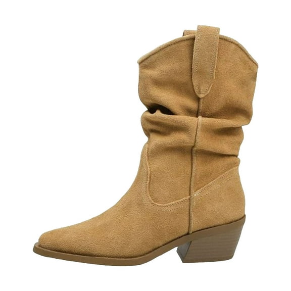 Womens Vintage Suede Pointed Toe Slouchy Mid Calf Boots Chunky Low Heel Cowboy Booties Slip On Wide Calf Western Cowgirl Boots Brown Size 5.5