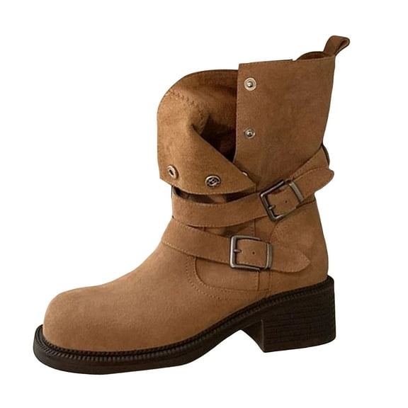 Womens Vintage Suede Wide Calf Boots Wide Toe Box Fold Over Booties Block Low Heel Non Slip Fashion Square Toe Fall Boots Brown Size 8.5