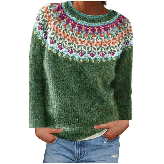 Womens Vintage Sweaters Fair Isle Long Sleeve Knit Shirts Casual Colorful Pullover Tops Clothing