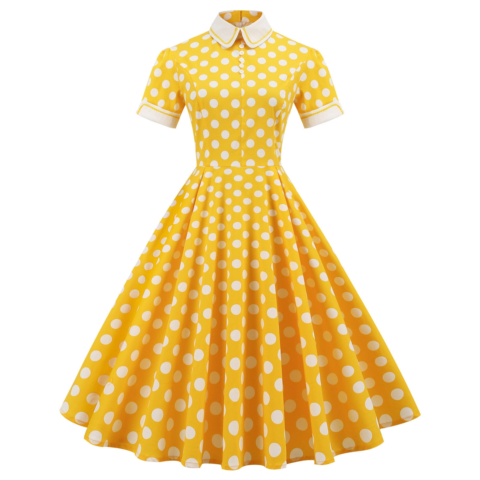 Womens Vintage Tea Dresses 1950's Retro Lapel Swing Short Sleeve Prom Dress  Polka Dots A-Line Cocktail Party Midi Dress (X-Large
