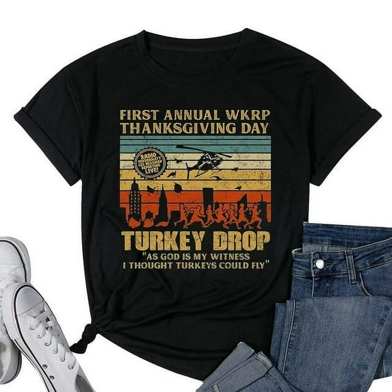 Womens Vintage Thanksgiving WKRP Turkey Drop Shirt, Fall Shirt Gift for Friends Black