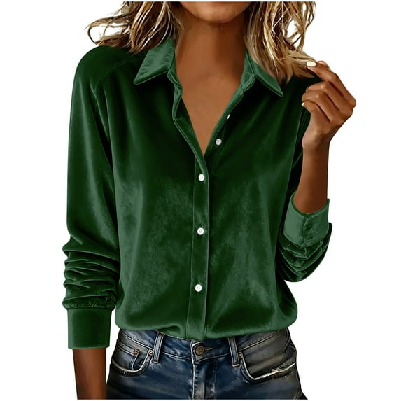 Womens Vintage Velvet Blouse Casual Long Sleeve Button Down Tops Elegant Loose Shirts for Business Office Party Outfits (Army Green,M)