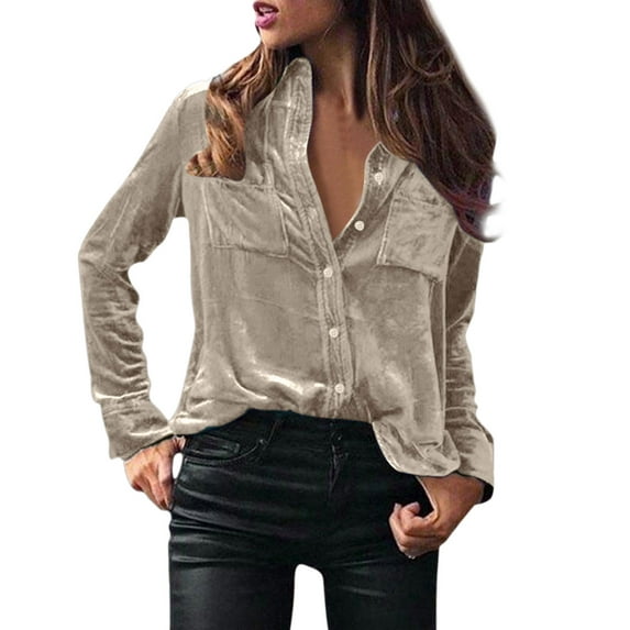 Womens Vintage Velvet Top Fall Fashion Casual Long Sleeve Button Down Shirts Going Out Dressy Business Work Blouses with Pockets