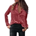thumbnail image 1 of Womens Vintage Velvet Top Fall Fashion Casual Long Sleeve Button Down Shirts Going Out Dressy Business Work Blouses with Pockets, 1 of 6