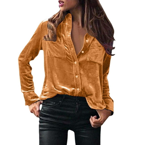 Womens Vintage Velvet Top Fall Fashion Casual Long Sleeve Button Down Shirts Going Out Dressy Business Work Blouses with Pockets