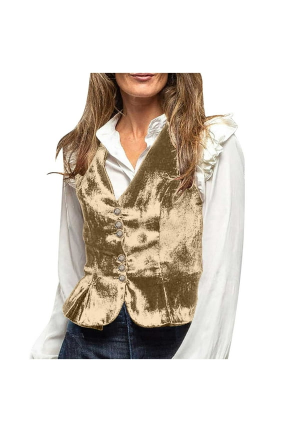 Womens Vintage Velvet Vest One Button V Neck Suit Waistcoat Dressy Lady Sleeveless Blazer Jacket