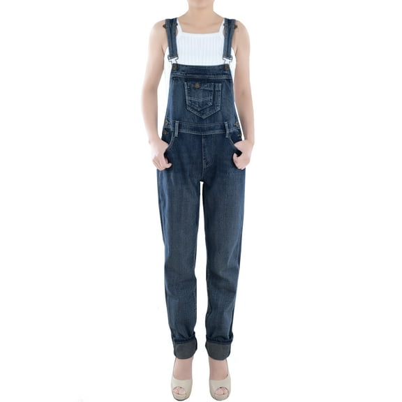Womens Vintage Wash Straight Leg Denim Overalls with Pocket Bib, Blue, XX-Large
