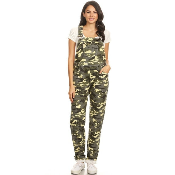 Womens Vintage Wash Straight Leg Denim Overalls with Pocket Bib, Green Camouflage, XX-Large