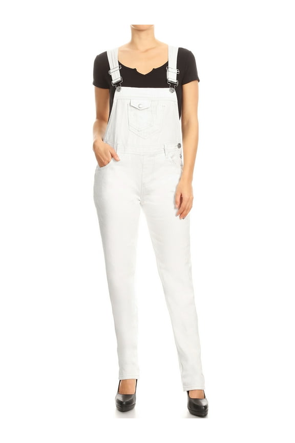 Womens Vintage Wash Straight Leg Denim Overalls with Pocket Bib, Off-White, XX-Large