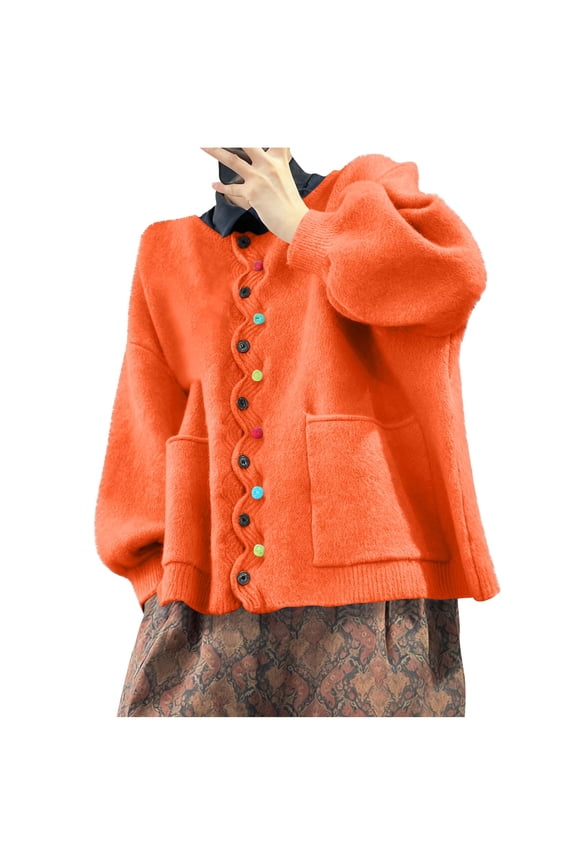 Womens Vintage Wave Cardigan Sweater Oversized Button Down Long Sleeve Solid Color Wool Coat Outwear