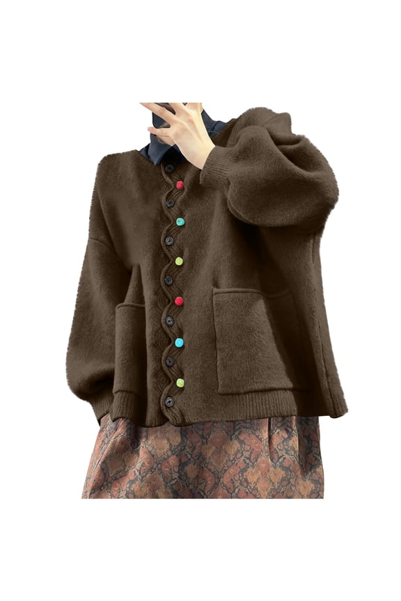 Womens Vintage Wave Cardigan Sweater Oversized Button Down Long Sleeve Solid Color Wool Coat Outwear