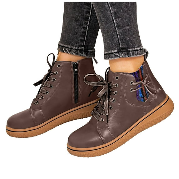 Womens Vintage Wedge Combat Boots Casual Adjustable Mid Calf Walking Riding Short Ankle Booties with Side Zipper Coffee Size 9