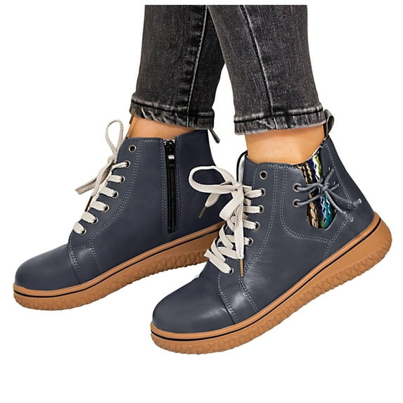 Womens Vintage Wedge Combat Boots Casual Adjustable Mid Calf Walking Riding Short Ankle Booties with Side Zipper Dark Blue Size 8.5