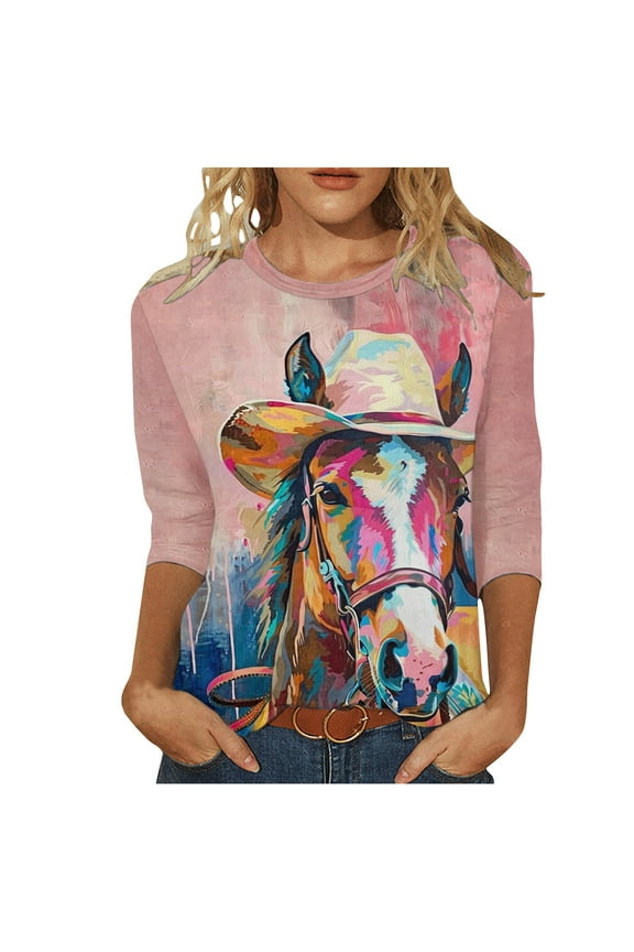 Womens Vintage Western Cowgirl Horse Print T Shirt Retro Cowboy Pattern Round Neck Long Sleeve Tee Cute Tops