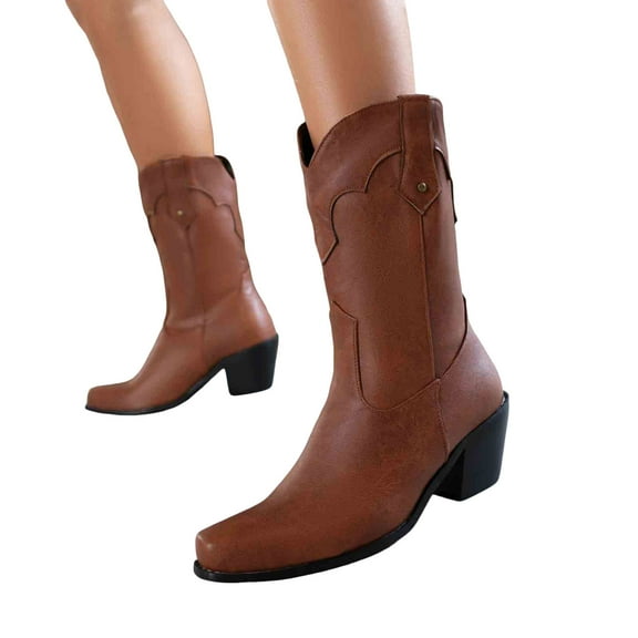 Womens Vintage Wide Calf Cowboy Boots Retro Leather Pointed Toe Chunky Mid Heels Western Cowgirl Booties