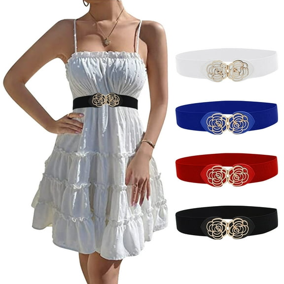 Womens Vintage Wide Elastic Waist Belt Floral Buckle for Dresses and Coats