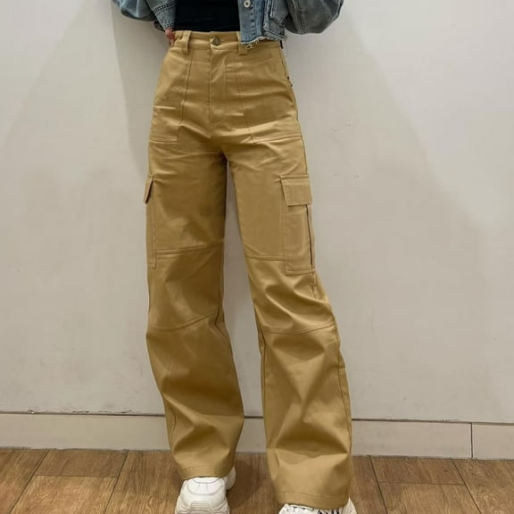 Womens Vintage Wide Leg Jeans Pocket Side Baggy Jeans Relaxed Fit Casual Straight Stretch Cargo Pants