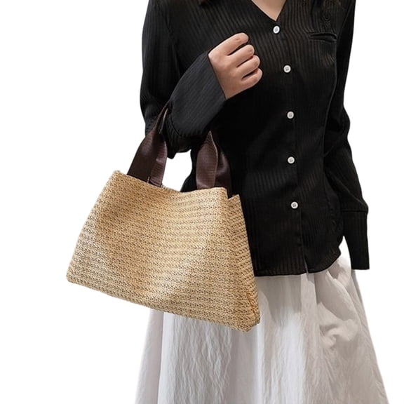 Womens Vintage Woven Straw Handbag with Top Handle Elegant Beach Holiday Bag Casual Large Capacity Fashion Shoulder Bag