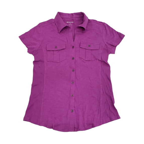 Womens Violet Purple Button Front Casual Short Sleeve Tee Shirt Top Small