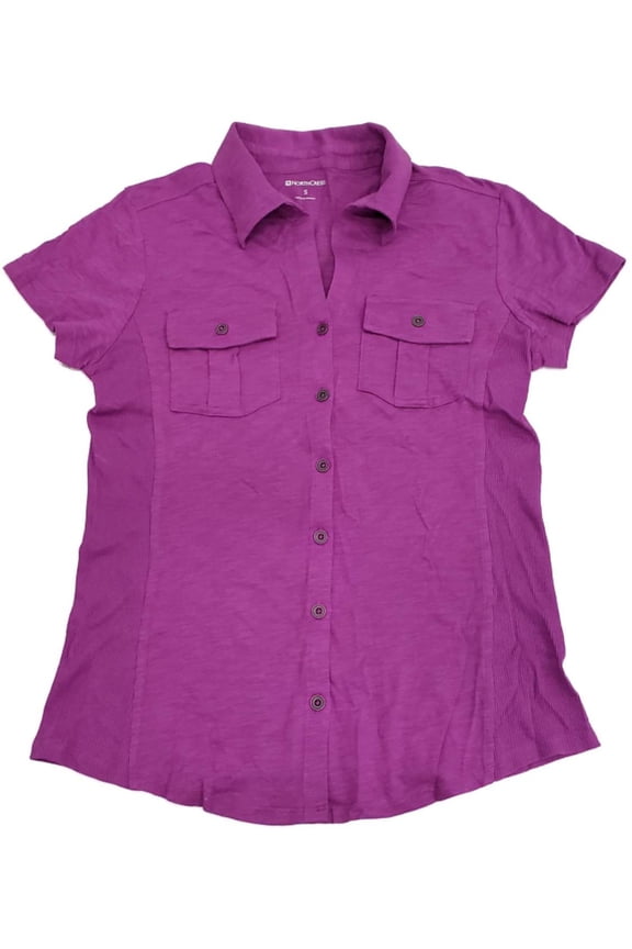 Womens Violet Purple Button Front Casual Short Sleeve Tee Shirt Top Small