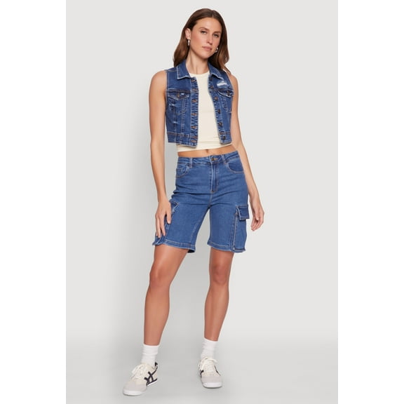 Womens WAX Distressed Button Front Denim Vest