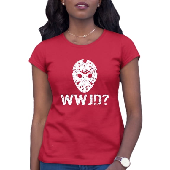 Womens WWJD What Would Jason Do? Funny Horror Movie T-Shirt