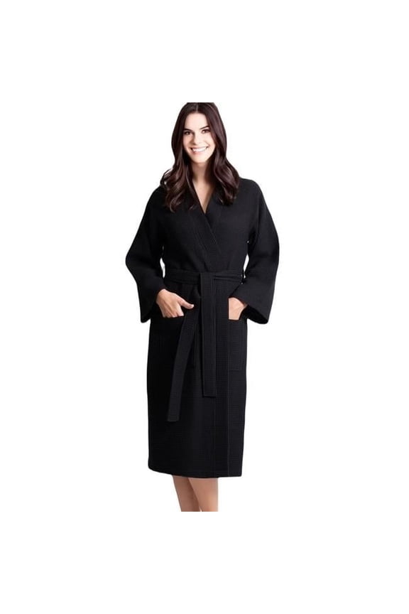 Womens Waffle Black Long Premium Cotton Blend Bathrobe - Small