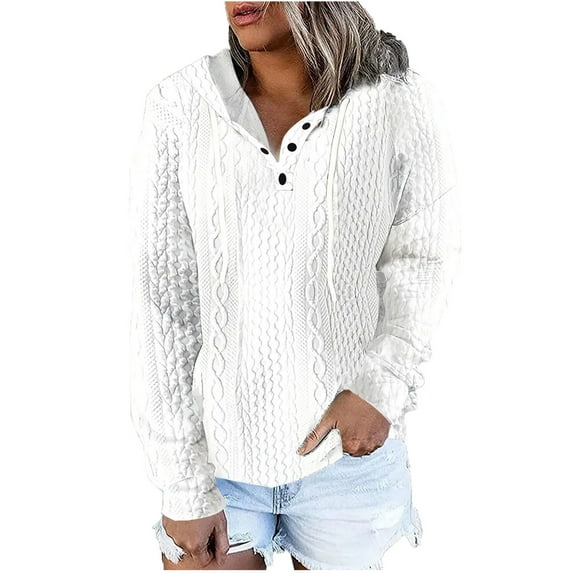 Womens Waffle Cable Knit Hoodie Sweaters Loose Fit Buttons Plain Pullover Hooded Sweatshirts Plus Size Tops S-5XL (X-Large, White)
