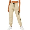 thumbnail image 1 of Womens Waffle Cargo Joggers Drawstring Elastic Waist Pants Casual Loose Solid Color Sweatpants with Pockets New Beige S, 1 of 8
