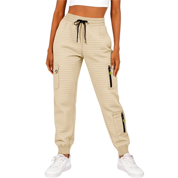 Womens Waffle Cargo Joggers Drawstring Elastic Waist Pants Casual Loose Solid Color Sweatpants with Pockets New Beige S