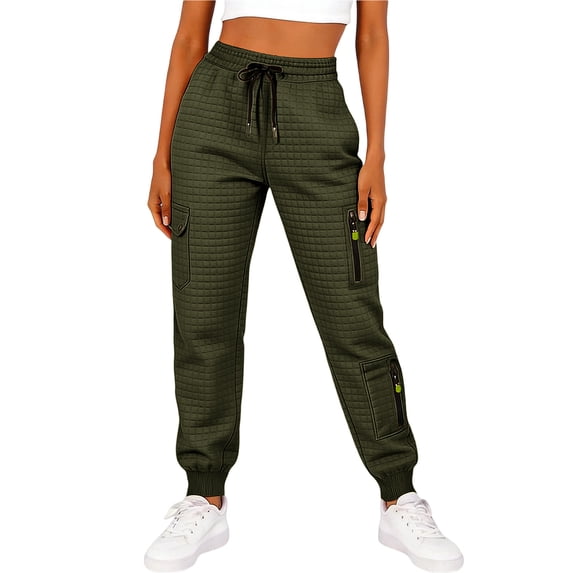 Womens Waffle Cargo Joggers Drawstring Elastic Waist Pants Casual Loose Solid Color Sweatpants with Pockets New Green S