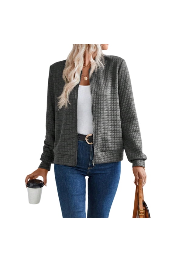 Womens Waffle Casual Zip Up Cardigan Jacket Long Sleeve Sweatshirt Lightweight Fall Fashion Loose Outwear Top