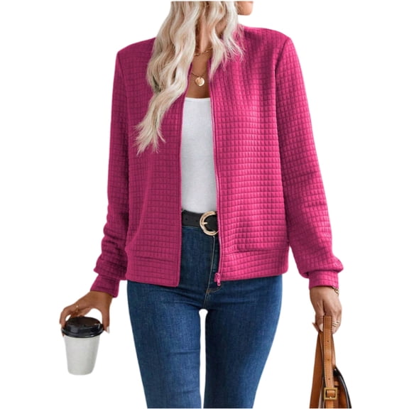 Womens Waffle Casual Zip Up Cardigan Jacket Long Sleeve Sweatshirt Lightweight Fall Fashion Loose Outwear Top