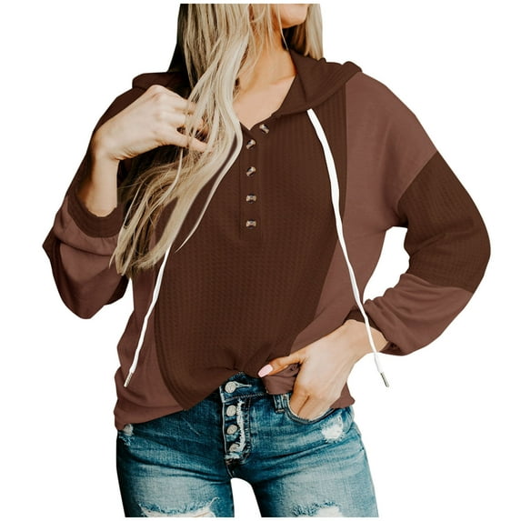 Womens Waffle Color Block Hoodies Button up V Neck Drawstring Hooded Sweatshirts Casual Loose Pullover Shirts Blouse