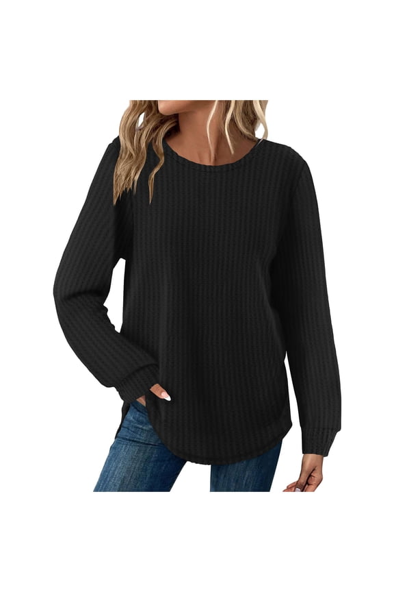 Womens Waffle Fall Clothes, Long Sleeve Pullover for Women Fashion Loose Fit Solid Color Crewneck Sweatshirts