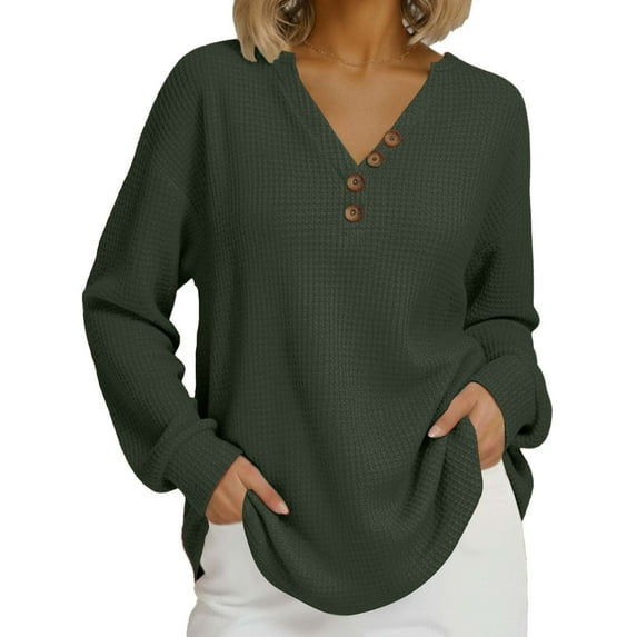 Womens Waffle Fall Clothes, Long Sleeve Pullover for Women Spring Fashion Solid Color V Neck Sweatshirts with Buttons