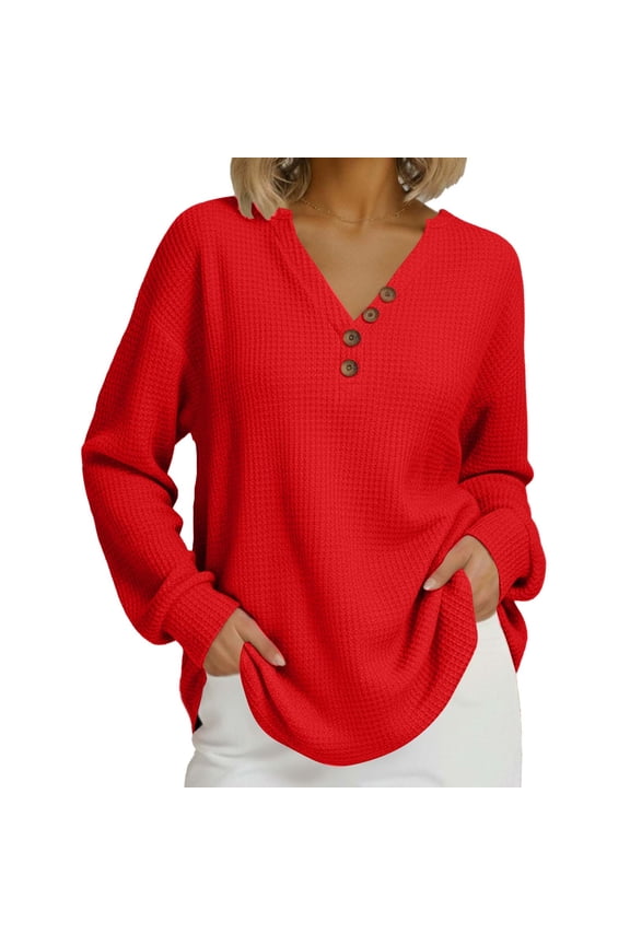 Womens Waffle Fall Clothes, Long Sleeve Pullover for Women Spring Fashion Solid Color V Neck Sweatshirts with Buttons