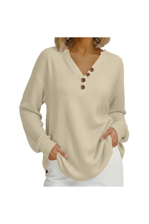 Womens Waffle Fall Clothes, Long Sleeve Pullover for Women Spring Fashion Solid Color V Neck Sweatshirts with Buttons