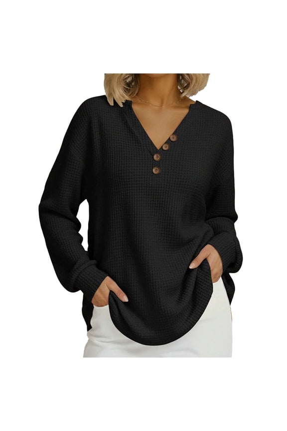 Womens Waffle Fall Clothes, Long Sleeve Pullover for Women Spring Fashion Solid Color V Neck Sweatshirts with Buttons