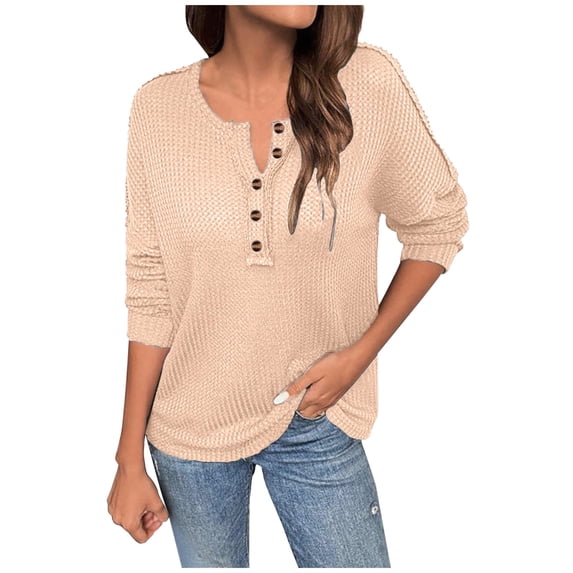 Womens Waffle Henley Tops Casual Long Sleeve Solid Color Shirts Lightweight Soft Loose Fit Pullover Tops