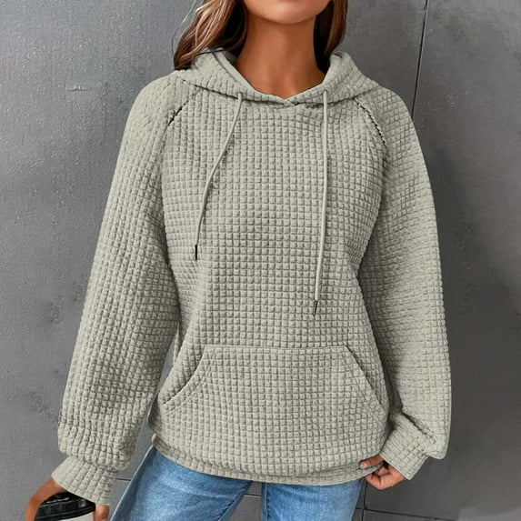 Womens Waffle Hoodie Sweatshirt,Solid Color Women Oversized Hoodies Casual Basic Waffle Long Sleeve Pullover Top Hooded Sweatshirt with Pocket