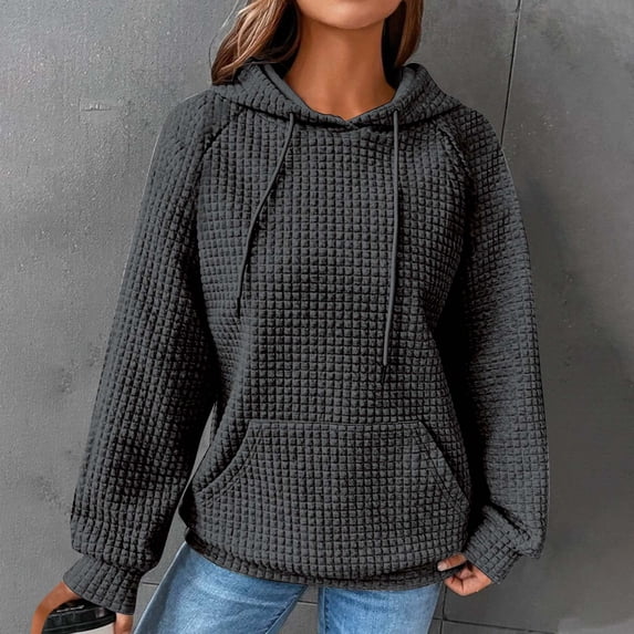 Womens Waffle Hoodie Sweatshirt,Solid Color Women Oversized Hoodies Casual Basic Waffle Long Sleeve Pullover Top Hooded Sweatshirt with Pocket