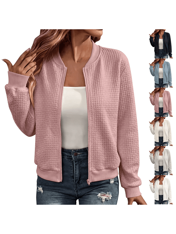 Womens Waffle Knit Bomber Jacket Full Zip Long Sleeve Casual Outerwear Rib Cuff Fall Spring Jacket S