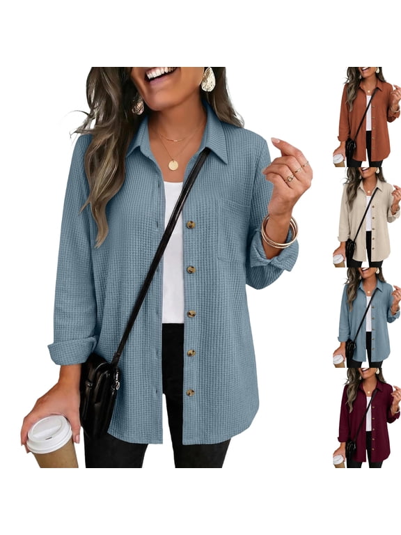 Womens Waffle Knit Button Down Shacket Long Sleeve Collared Shirt with Pocket Loose Fit Lightweight Top Business Casual Autumn Layering,S,Light Blue